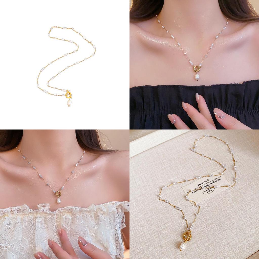 Titanium Steel Elegant Pearl Choker Chain With Geometric Shape For Ladies