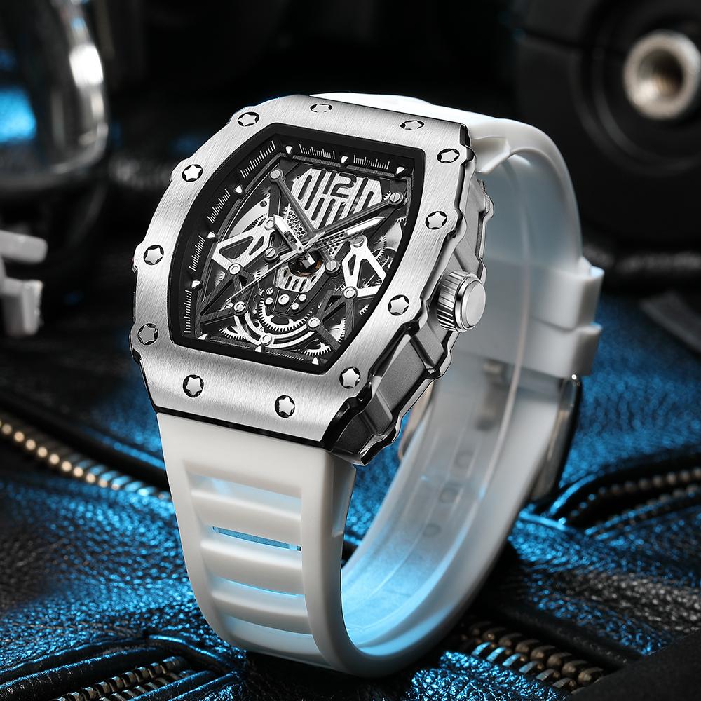 Moderne Ruimas Marke Automatische Uhr Für Männer Sport Silikon Wasserdicht Mechanische Armbanduhr Mit Silikonarmband Tonneau Zifferblatt