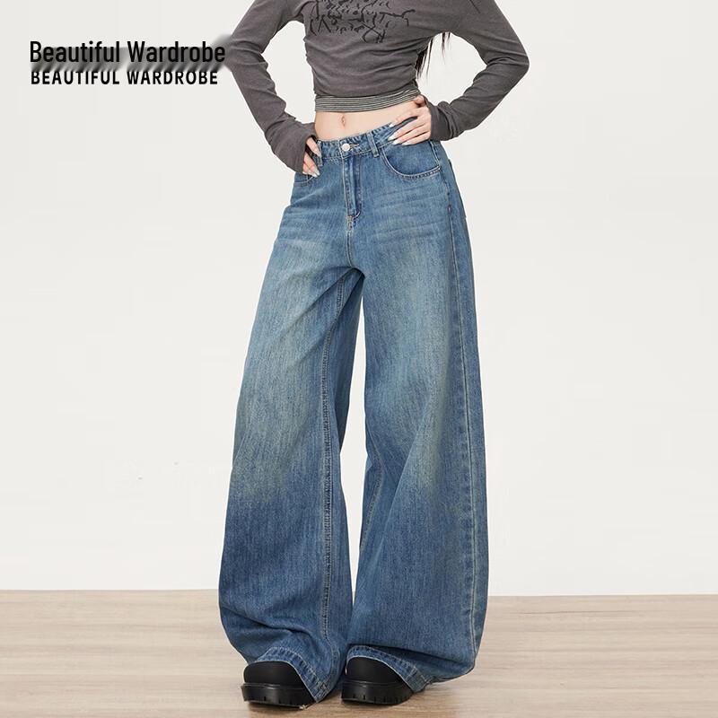 BEAUTIFUL WARDROBE Women's American Retro Washed Curved Wide-Leg Jeans
