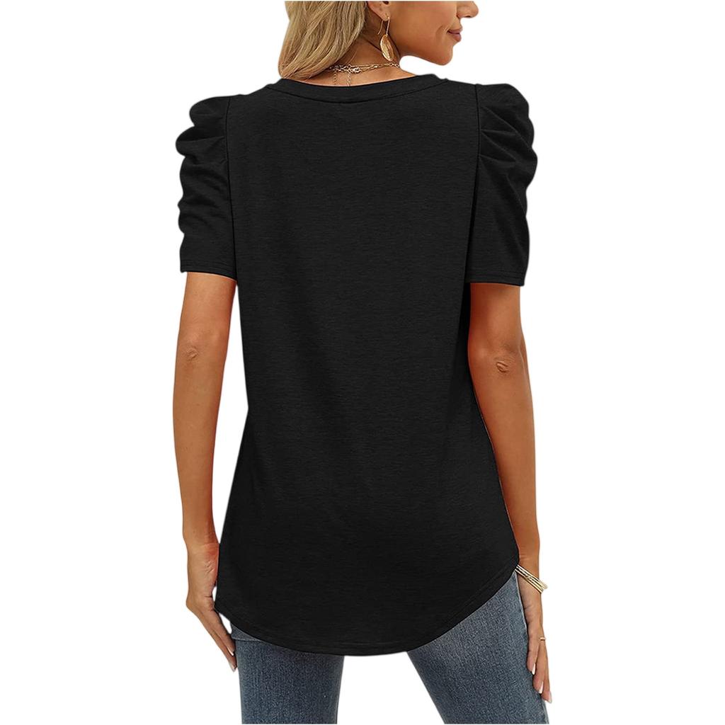 Women's Casual Ruffled Patchwork V-Neck Short Sleeve T-Shirt Top