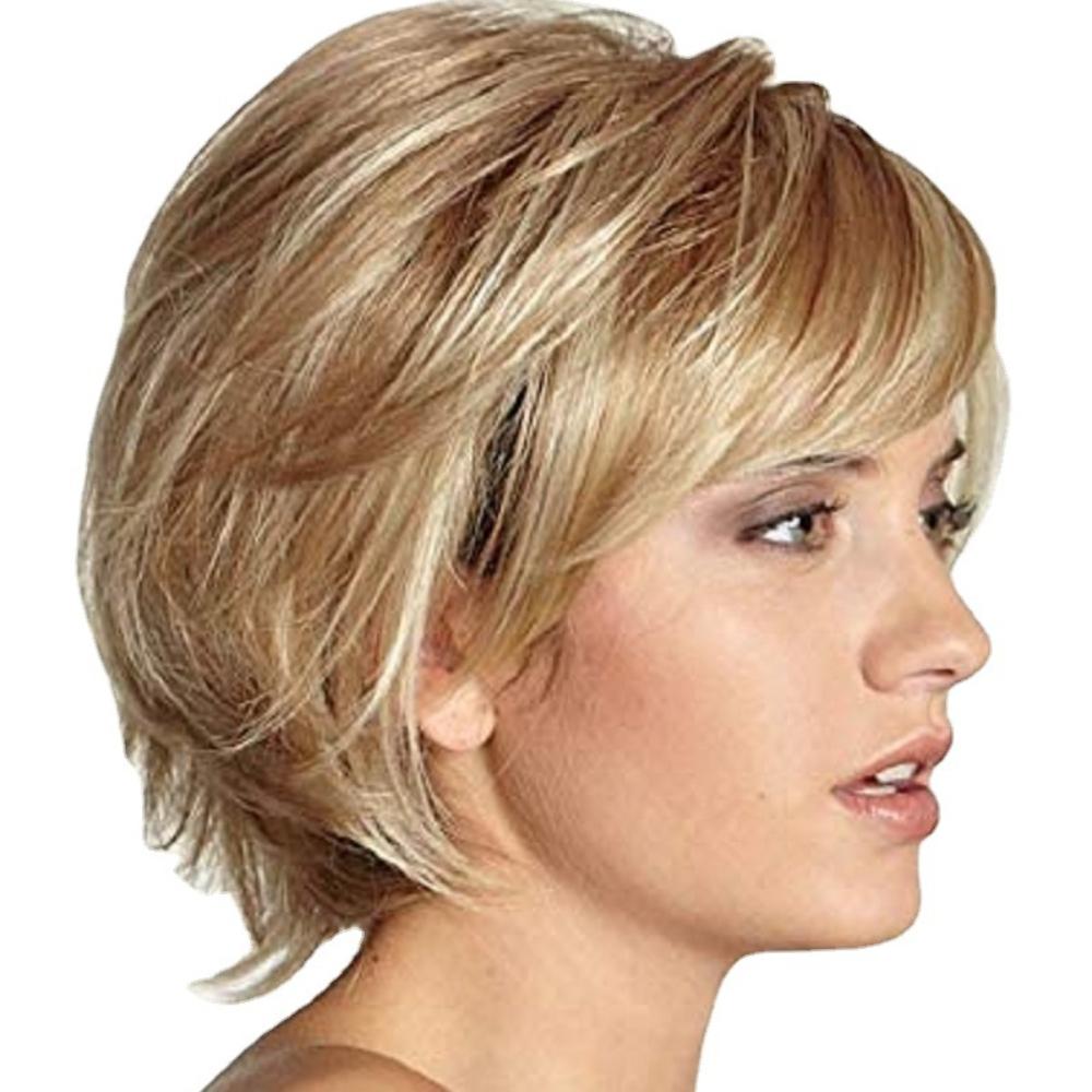 Women's Short Headband Fluffy Brown Gold Slanted Bangs Short Straight Hair