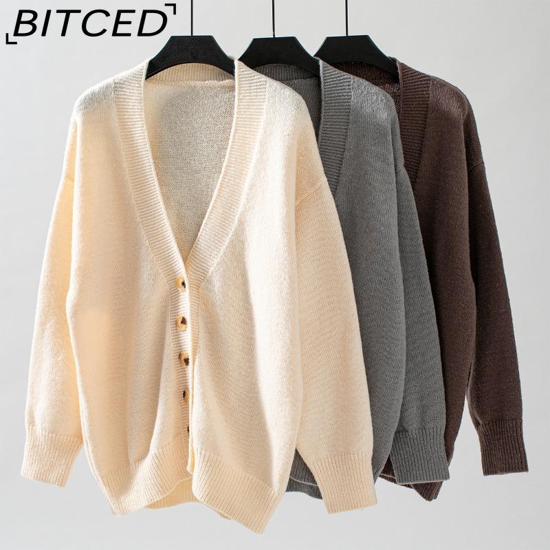 BITCED Elegant Knit Cardigan for Women - Autumn/Winter Solid-Color Single-Button Sweater Jacket