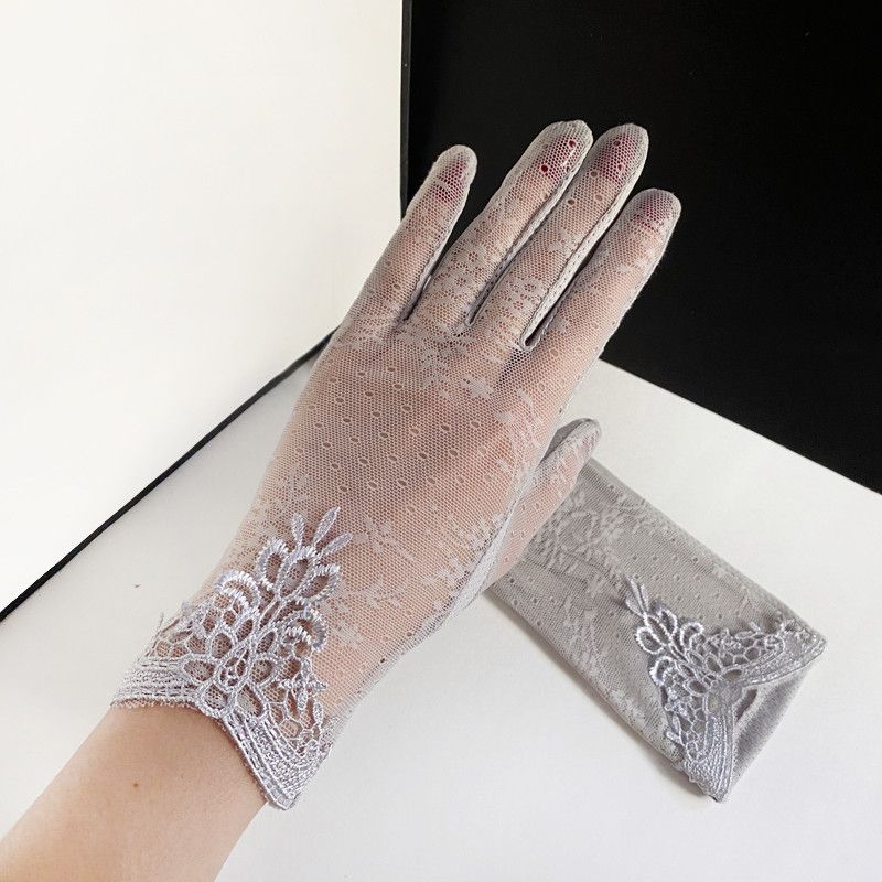 

Summer Sun Protection Gloves Women Lace UV Protection Riding Driving Electric Car Non-Slip Touch Screen Ice Silk Thin Lace light gray All yards