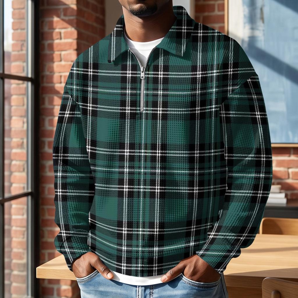 Men's Retro Half-Zip Collared Long Sleeve Plaid Print Casual Top for Everyday Wear