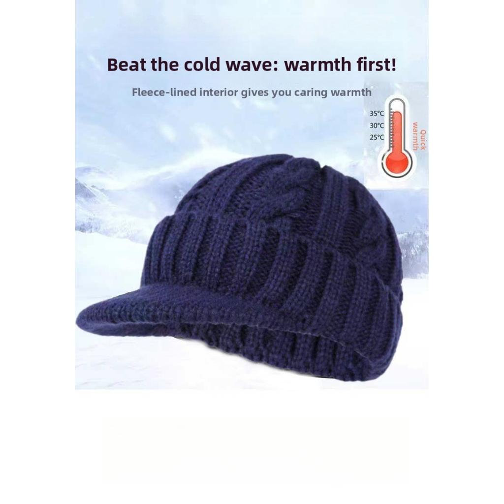 Pánská pletená zimní čepice s fleecem - Teplá čepice bez okraje s krátkým kšiltem vhodná pro střední věk a seniory, silná čepice odolná proti chladu