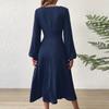 Spring and Summer Fashion V-Neck Lantern Long Sleeved Dress with Twisted Edges, Elegant Mid Length Dress
