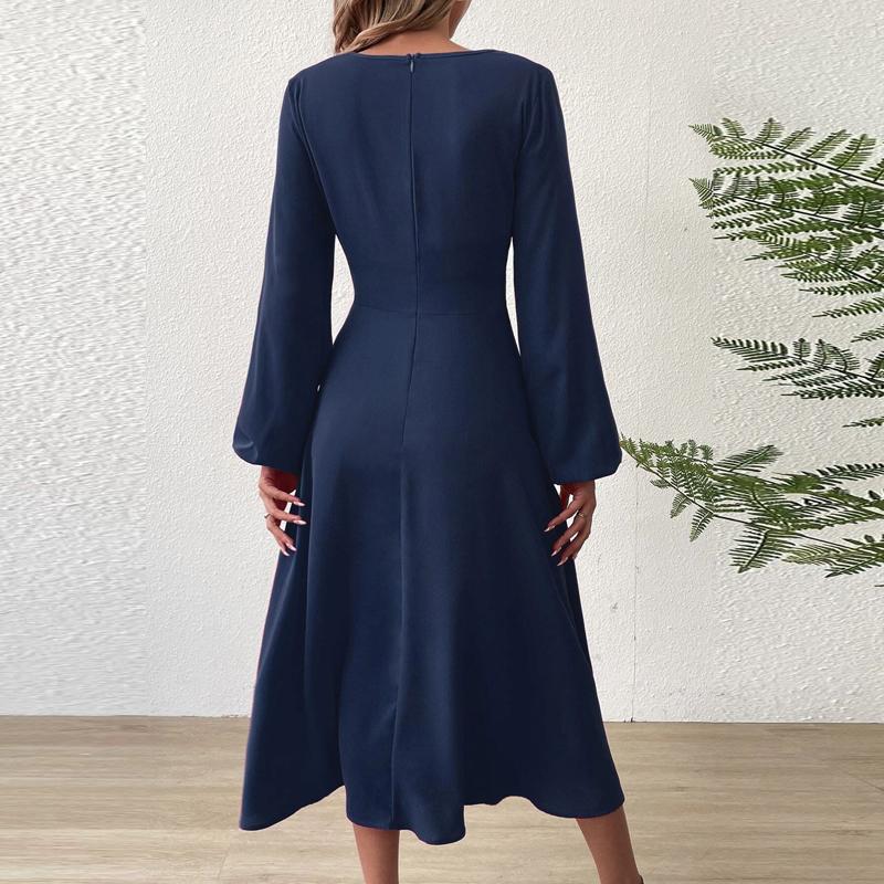 Spring and Summer Fashion V-Neck Lantern Long Sleeved Dress with Twisted Edges, Elegant Mid Length Dress