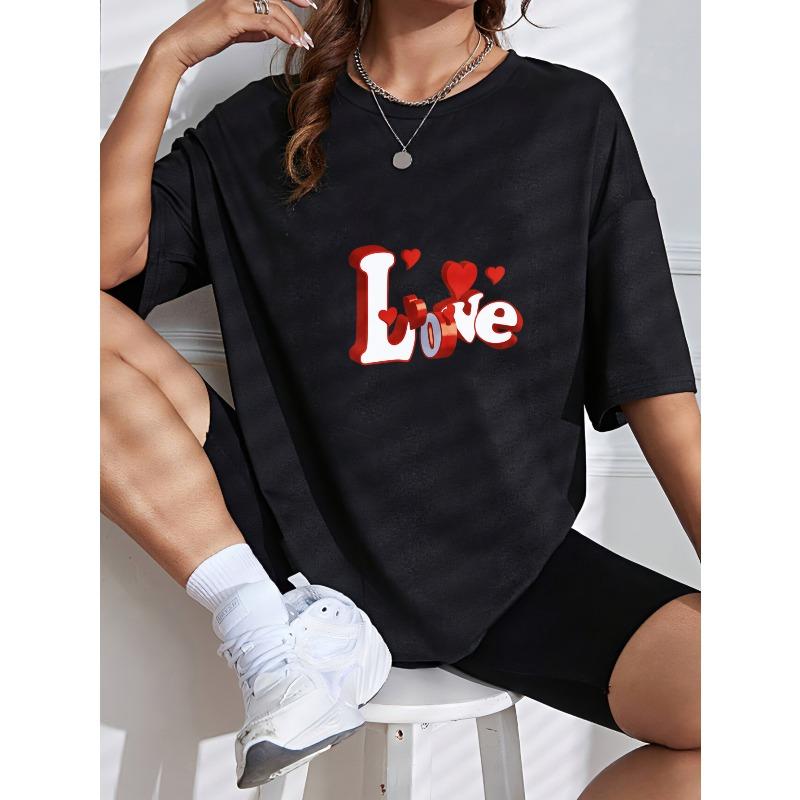 Crew Neck T Shirt White Love Heart Print Valentine Day Casual Wear