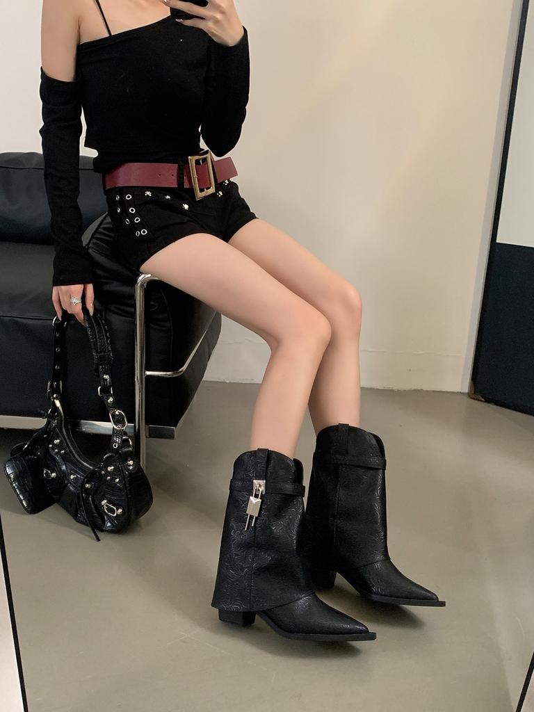 fashion Pointed Toe Women Mid Calf Boots Black White Rivet Design Thick High Heels Fashion Dress Shoes Woman Side Zipper 2024 News