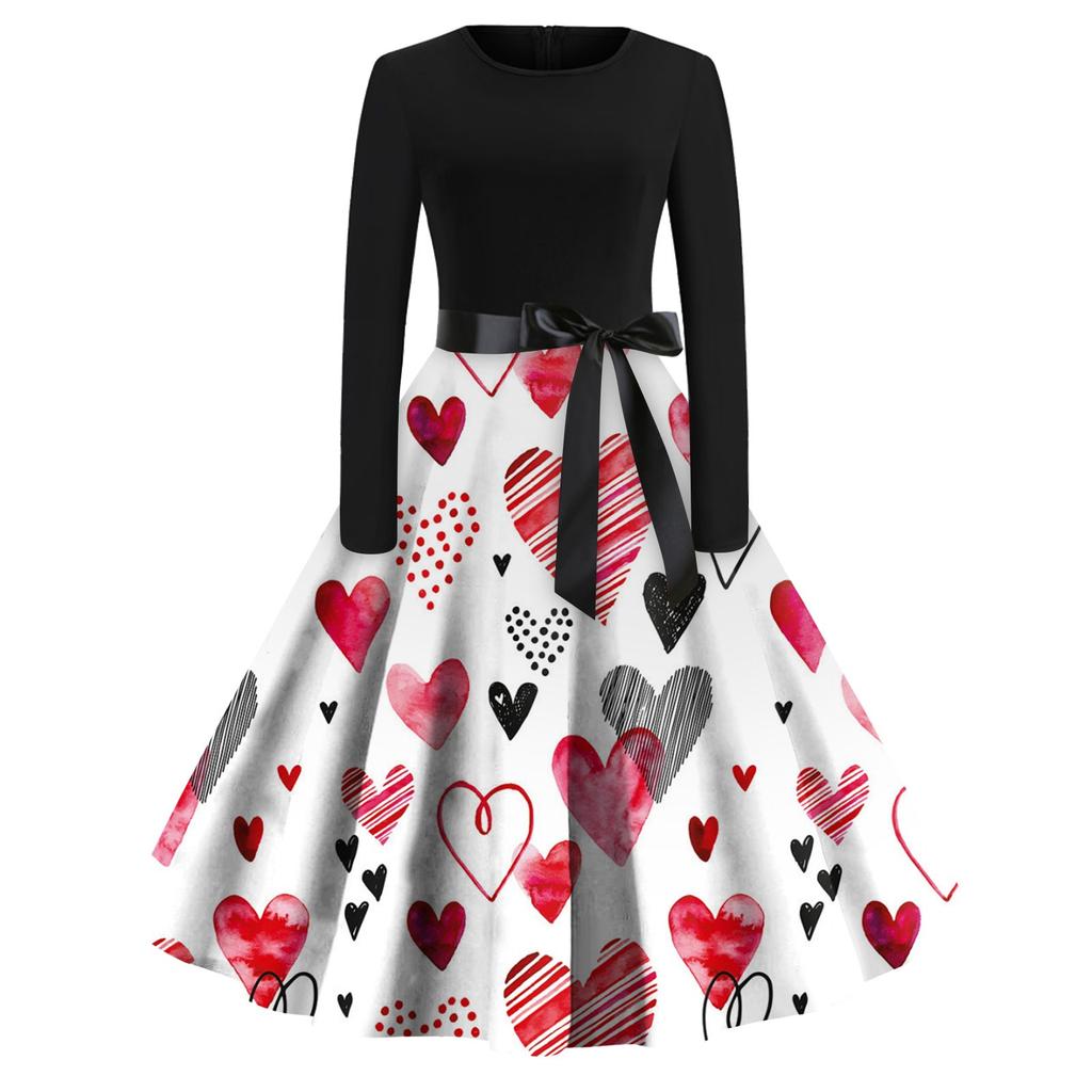 Love Print Flared Dress Women's Long Sleeve Dress Party Casual Dress Valentine's Day