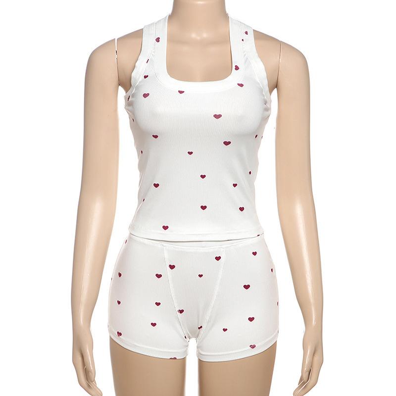 2026 Sweet Sleeveless Vest Summer New Round Neck Heart Pattern Women s Korean Style Slimming Home Sleepwear Shorts Two-Piece Set S бежевый