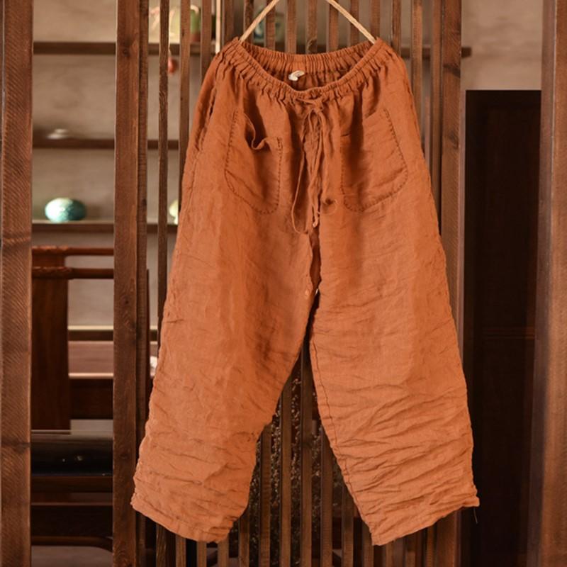 Johnature Damskie Spodnie Vintage z Elastycznym Pasem Casualowy Pasek Wiosenne Spodnie Jednolity Kolor Patchwork Kieszenie Długie Spodnie