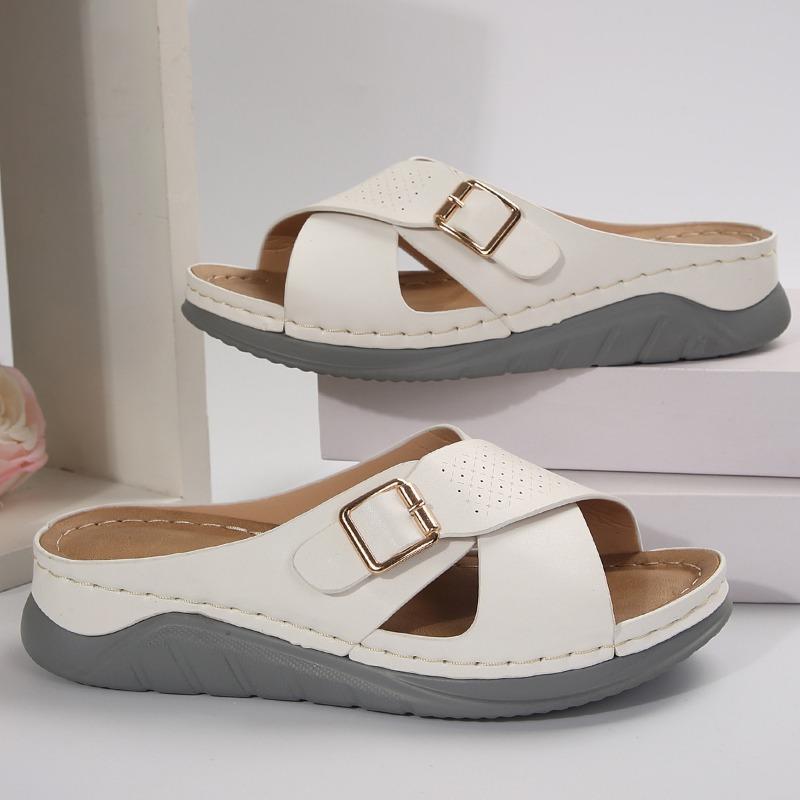 Ploché ležérní pantofle s kříženými pásky, přezkou a jednobarevné plážové boty pro ženy