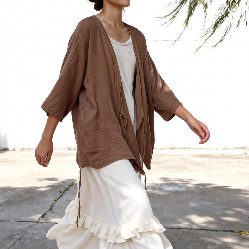 Johnature Women Vintage Shirts Spring Chinese Style Tops Solid Color Tops Belt V-Neck Long Sleeve Soft Blouses