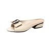 2025 New Cool Slippers Women's Summer Flat Bottom Wear Soft Leather Medium Heel Thick Heel Bow Fish Mouth Fashion Low Heel Sandals