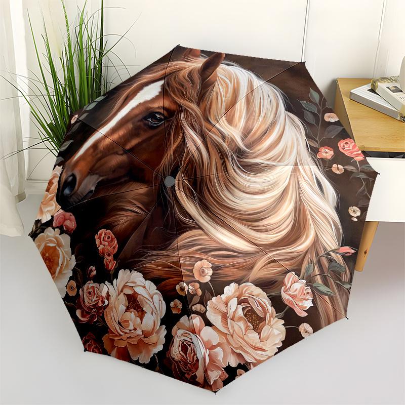 

Horse Floral Theme 8 Bone Hand Automatic Folding Umbrella, Compact and Portable Design, A Perfect Gift for Birthday, Christmas or Business U