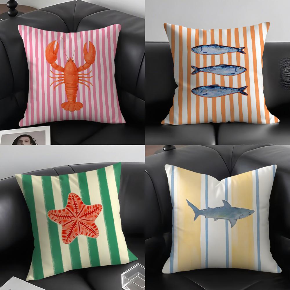 Ocean Life Theme Striped Cushion Cover Pillowcase Ultra Soft Skin Friendly Fabric Cloud Like Comfort & Concealed Zipper