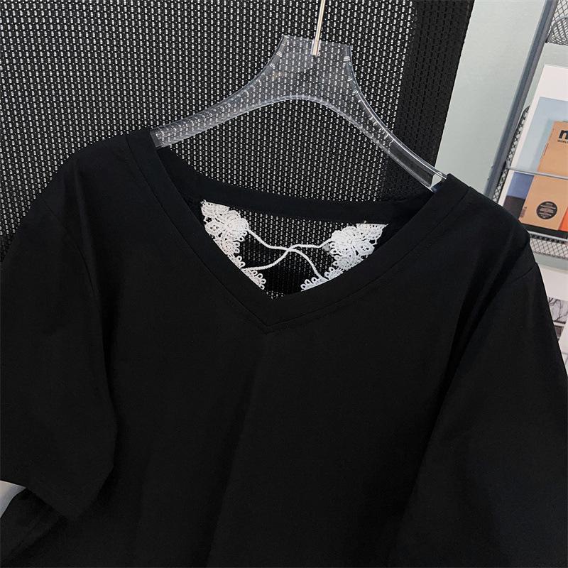 Plus Size Loose Mid-Length V-Neck Short-Sleeve T-Shirt for Women (Sizes 200/300/350 Jin) - Style 7103