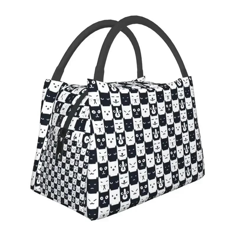 Cute Checkerboard Cat Pattern Thermal Insulated Lunch Bags Women Checkered Lunch Tote for Outdoor Picnic Storage Meal Food Box