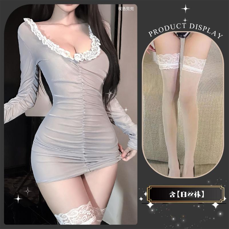 Sexy underwear female sexy deep v perspective lace lace celebrity hip skirt pajama set perspective