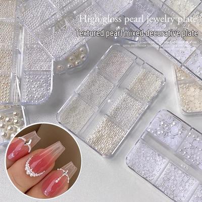 6-Grid Pearl Nail Accessories: High-Gloss Semi-Circle & Full-Circle 3D Pearls with Mini Steel Beads