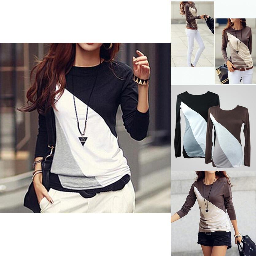 Korean Fashion Women Style Autumn Slim Fit Color Block Blouse Long Sleeve Shirt