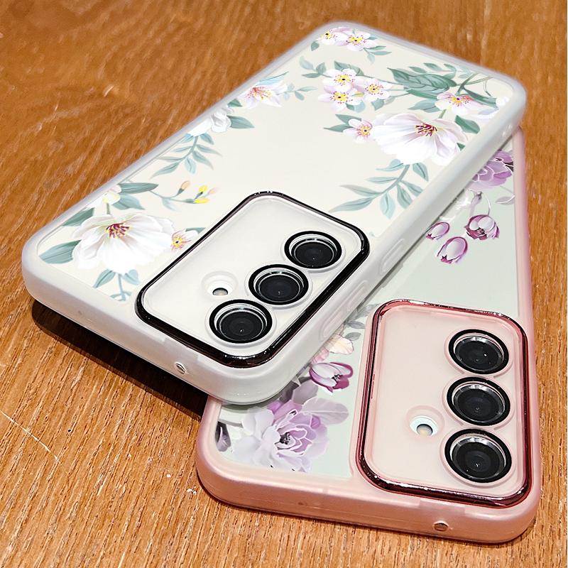 Floral Print Clear Silicone Soft Phone Case For Samsung S25 Ultra S24 FE S23 Plus A56 A36 A16 A55 A15 Slim Shockproof Lens Film Protection Cover
