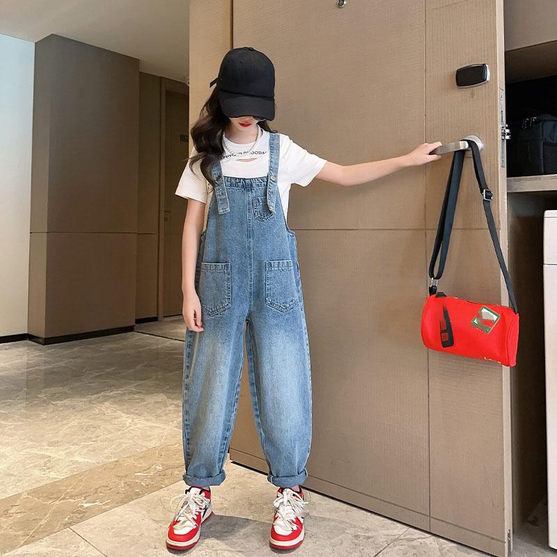 Girls Suspenders Jeans Spring Autumn Sweet Wide Leg Vintage Casual Denim Jumpsuit High Waist Loose All-Match Pants Clothes