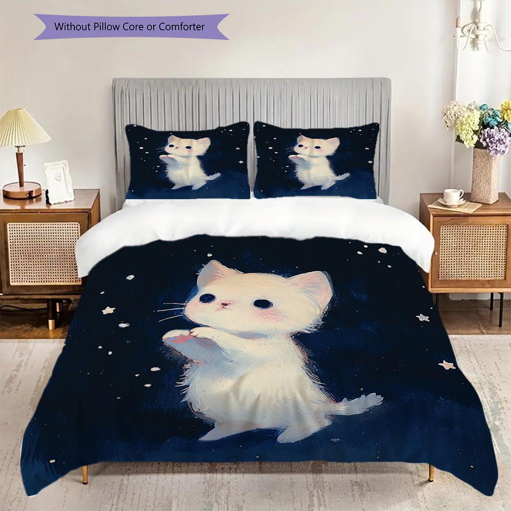 White Cat Pattern Bedding Quilt Set Quilt Cover Pillowcase Home Decoration Birthday Gift (1 * Duvet Cover + 2 * Pillowcase, Without Core)