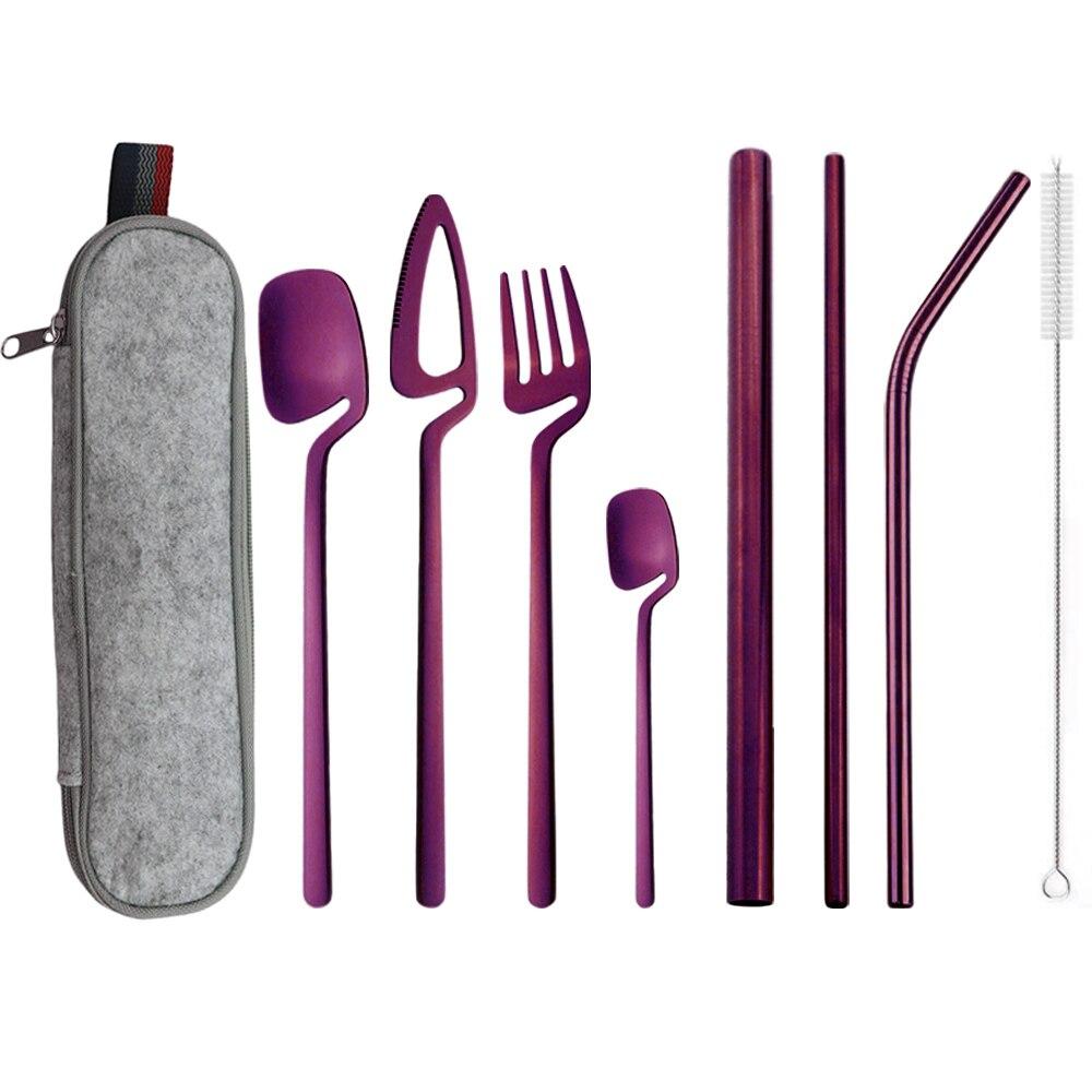 Gold Portable Dinnerware Set Unique Design Travel Reusable Camping Silverware Cutlery Tableware Set With 215/12/6 Straight Straw