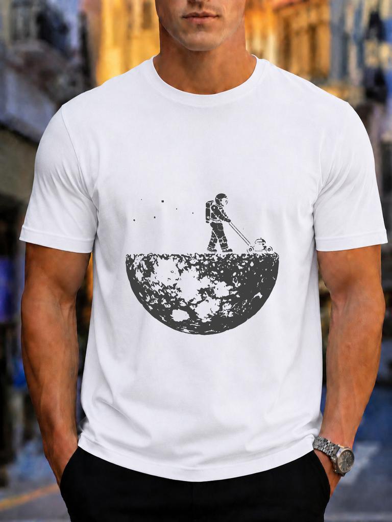 2026 New Arrival Pure Cotton Tshirt Creative Astronaut Mowing On The Moon Print Crew Neck Unisex Top Casual Short Sleeve