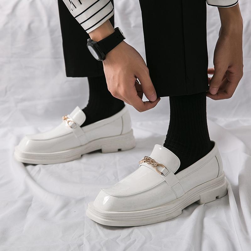 Fashion White Thick Sole Leather Shoes Metal Chain Loafers Square Head High Quality Slip-ons Business Formal Wedding Shoes Male Casual