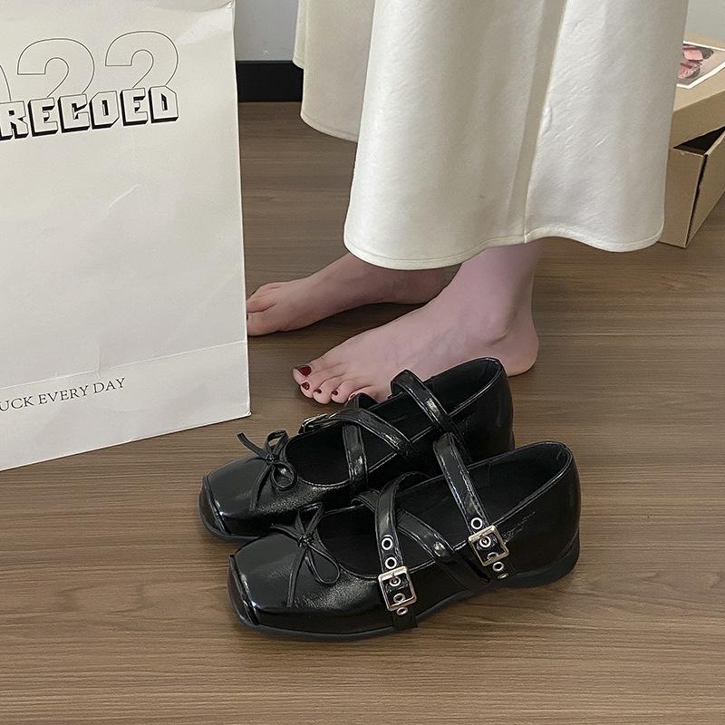 Buckle Small Leather Shoes French 2025 Vintage Spring Black Light Mouth Heightening Square Head Cross Ballet Single Shoes Women