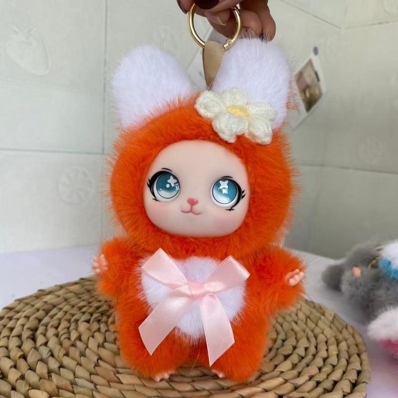 Soft Kawaii Plush Bunny Pendant with Knitted Flower Bow Fashion Bag Charm for Girls Birthday Gift Schoolbag Decor