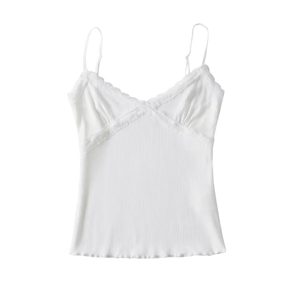 Summer 2023 Lace Trim V-Neck Stretchy Bodycon Camisole Tank Top for Women