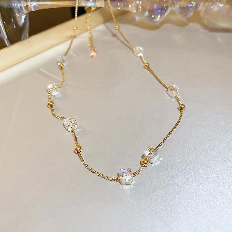 High-End Crystal Cube Clavicle Necklace – Trendy Titanium Steel Fashion for Women