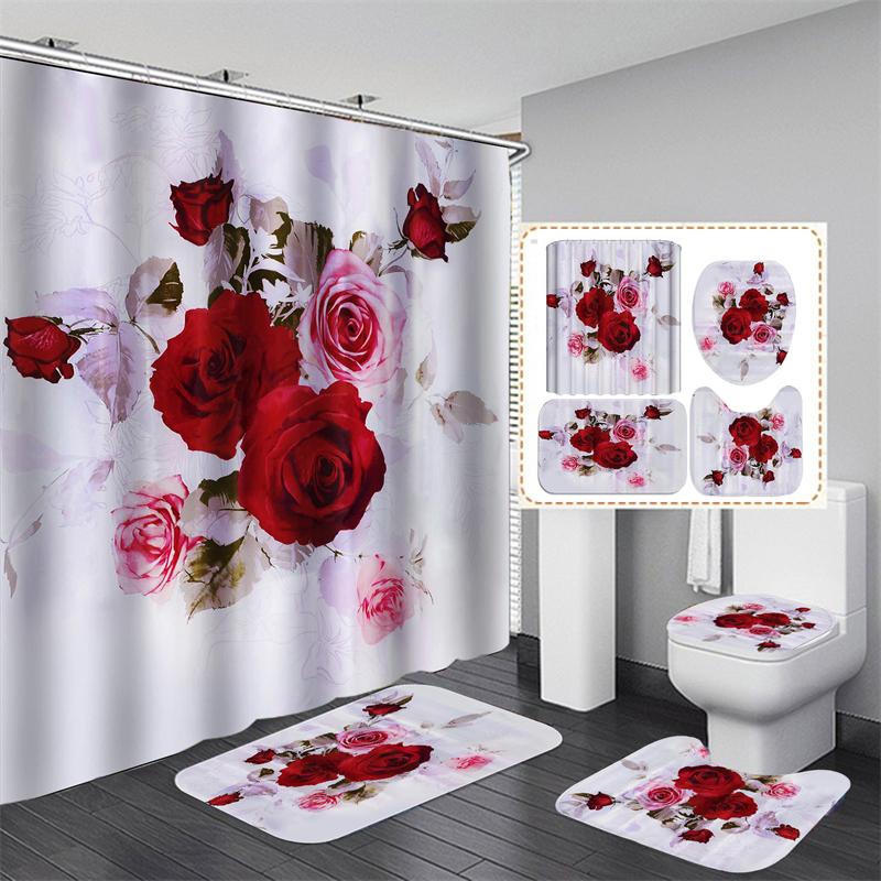 Valentine's Day Bathroom Bathing Waterproof Shower Curtain Home Entrance Doormat Bathtub 4Pcs Set Toilet Seat Cover Rugs Bath Non-Slip Floor Mat Love