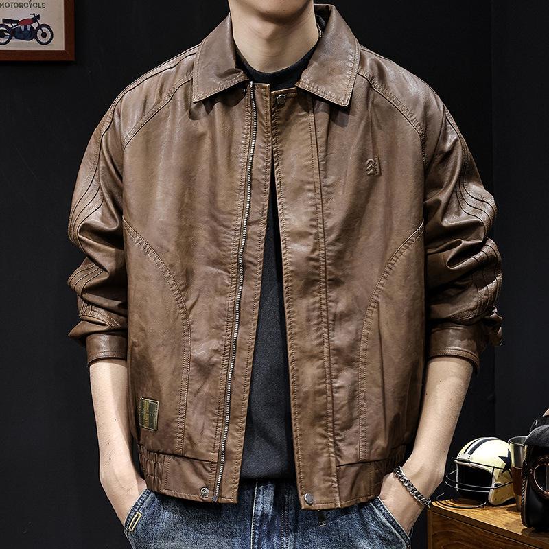 Herren Hochwertige Amerikanische Retro Leder Motorradjacke - Herbst/Winter 2025, Kurz, Mit Samt gefüttert, Große Größen, Trendige Marke