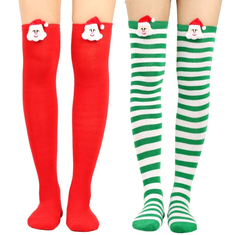 Women Cute Plush Santa Claus Striped Over Knee Long Socks Thigh High Stockings for Christmas Cosplay Costume Hosiery