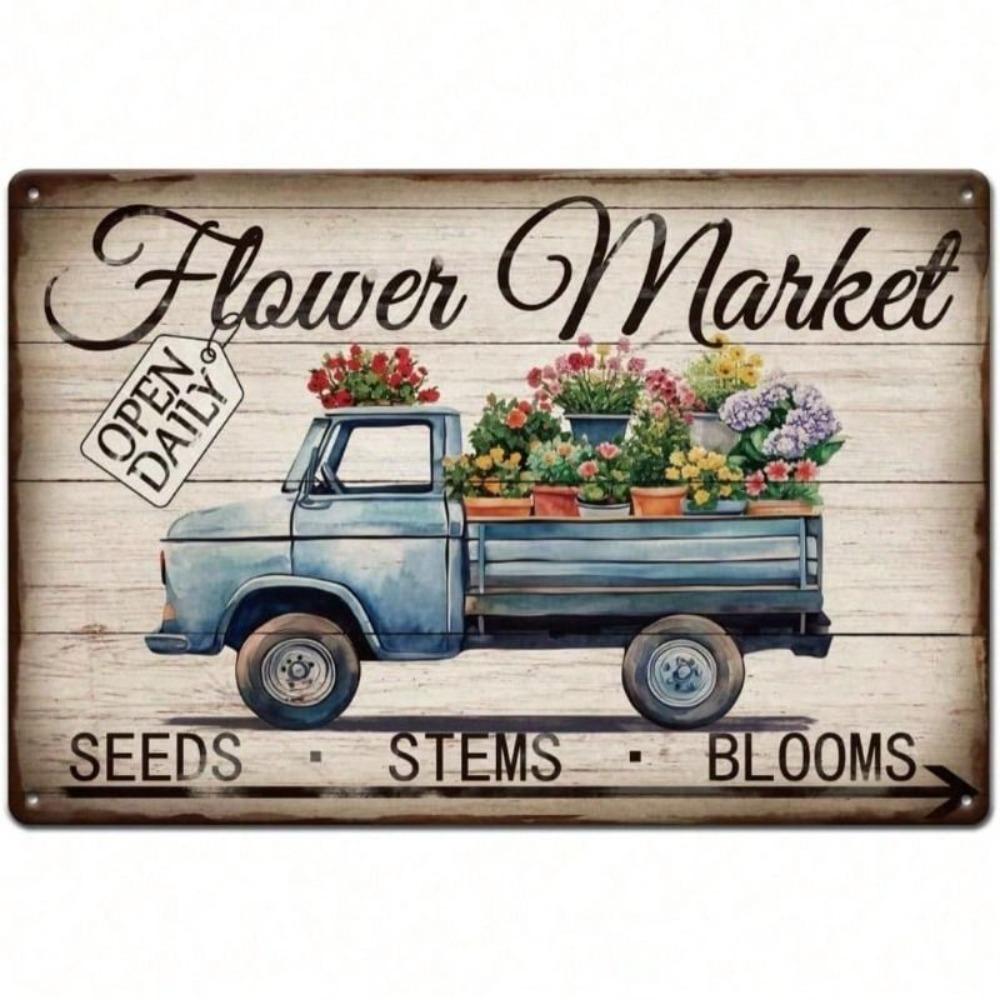Metal Wall Art Vintage Flower Market Poster Retro Decor for Kitchen Bar Cafe
