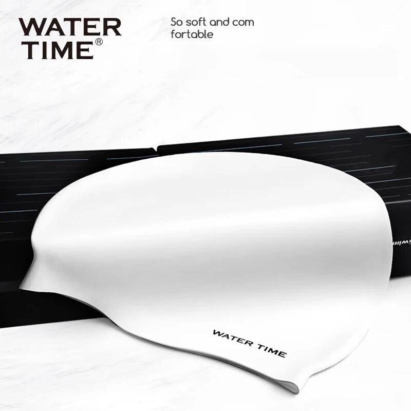 WATERTIME Silicone Swimming Cap, for Long Hair, Large Size, Ear Protection, High Elasticity, Comfortable, Black