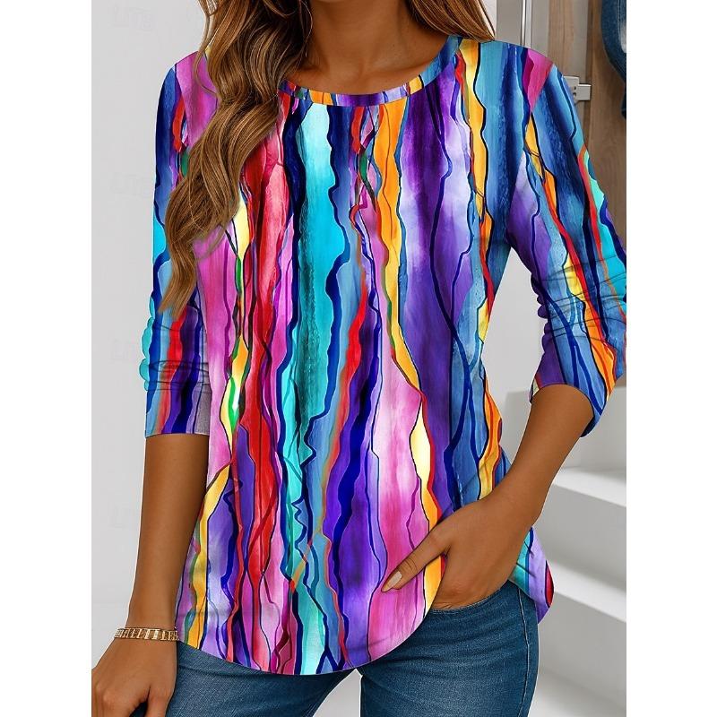 Women's T shirt Long Sleeve Crew Neck Long Sleeve Tunic Graphic Geometric Striped Vintage Stylish Regular Tops