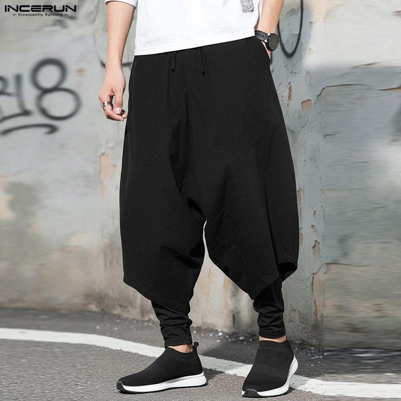 INCERUN Pantaloni Larghi Casual da Uomo a Vita Elastica, Finto Due Pezzi, Cavallo Basso, Lunghi