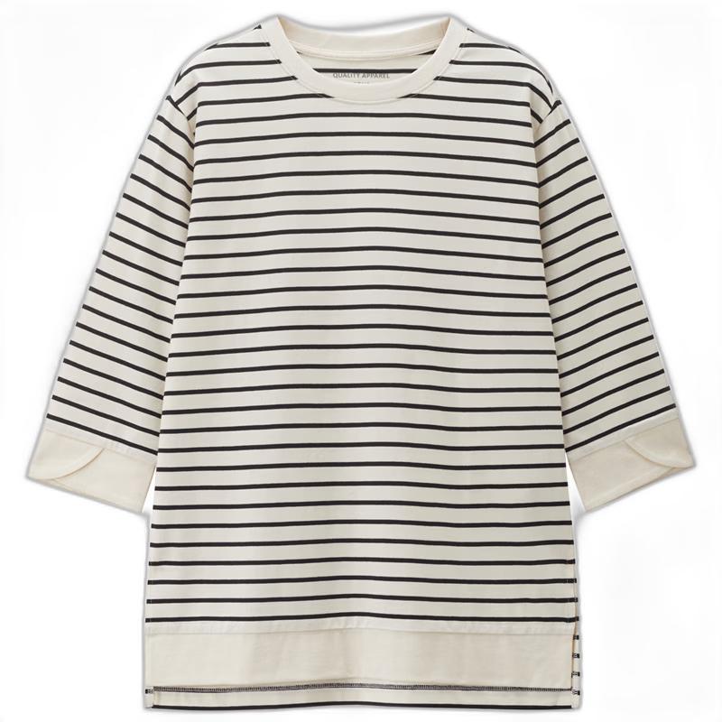 Giordano Women s Pure Cotton Striped 3/4 Sleeve High-Low Hem T-Shirt XL