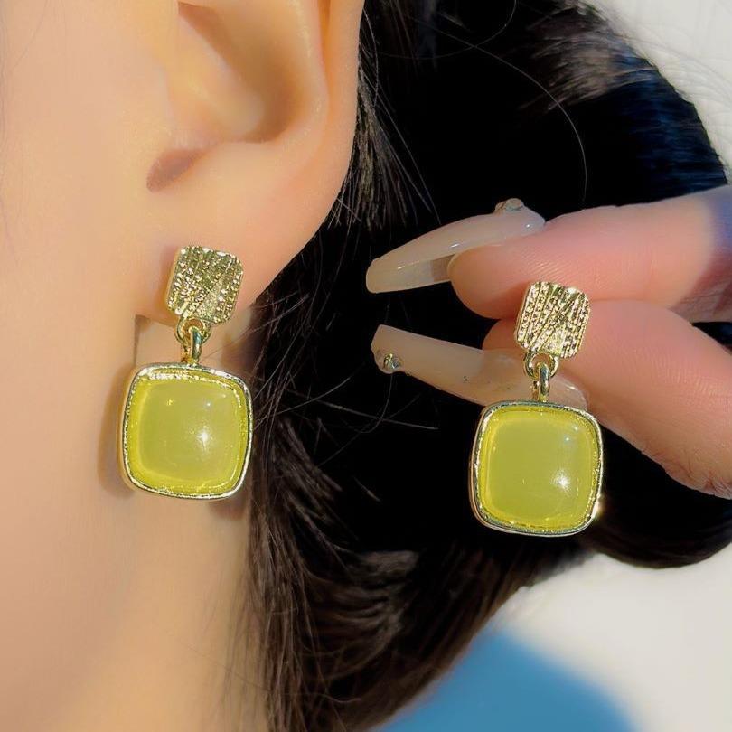 New square earrings temperament advanced sense simple imitation Hetian jade geometric stud earrings