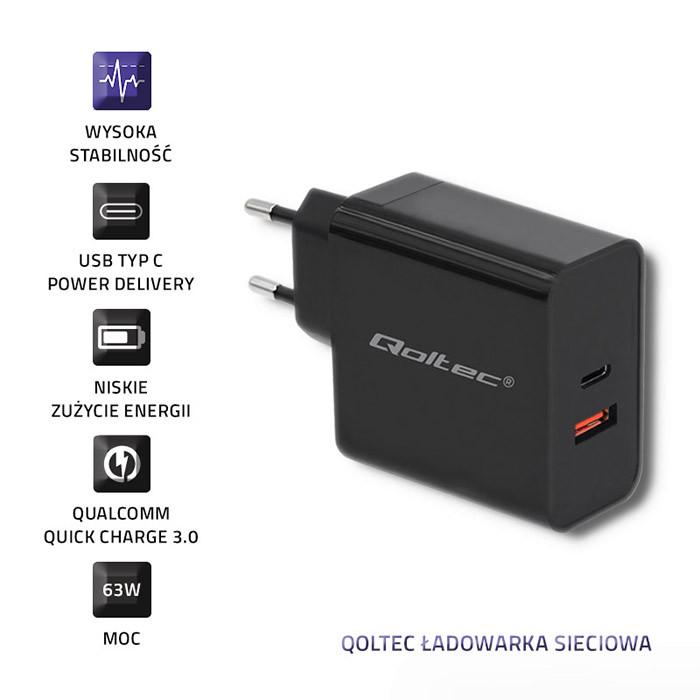 Qoltec Wall Charger 18W | 5-12V | 1.5-3A | USB Type C PD | USB QC 3.0 | White