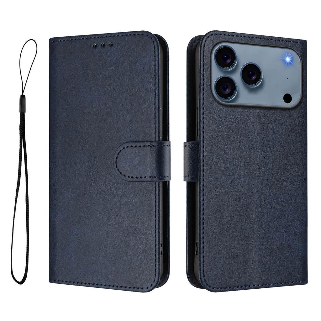 For iPhone 17 Pro Wallet Case RFID Blocking Calf Texture Leather Stand Phone Cover with Strap