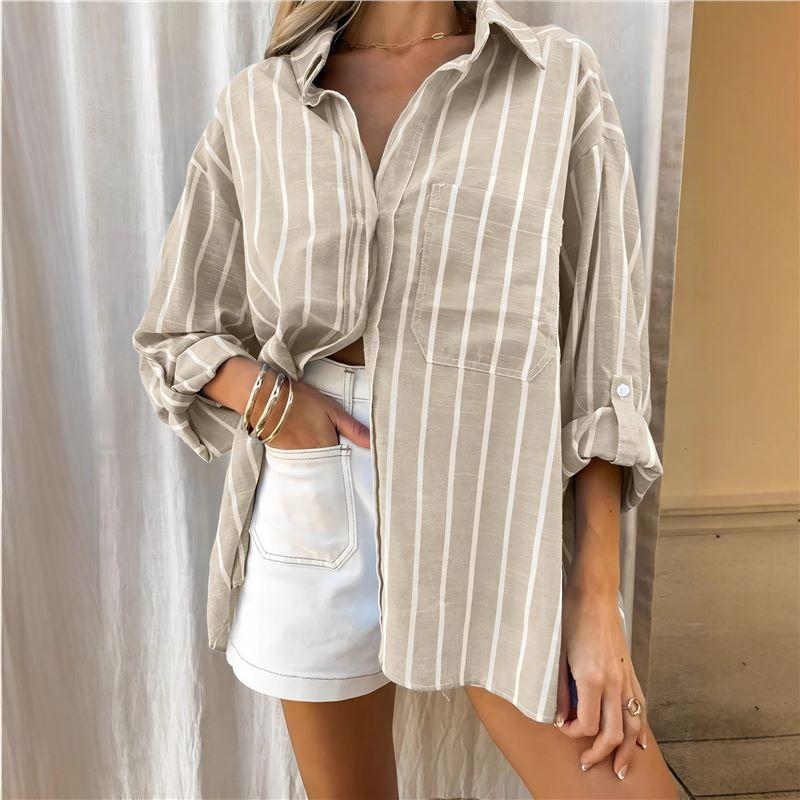 2025 spring and autumn European and American women's clothing loose polo collar striped holiday shirt fashion button women's T-shirt top