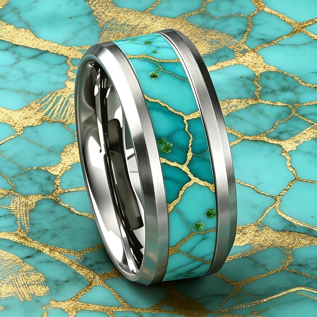 With Turquoise and Golden Marble Pattern Inlay Rings Luxury 8mm Stainless Steel Ring For Men Women For Wedding Band Jewelry Gift