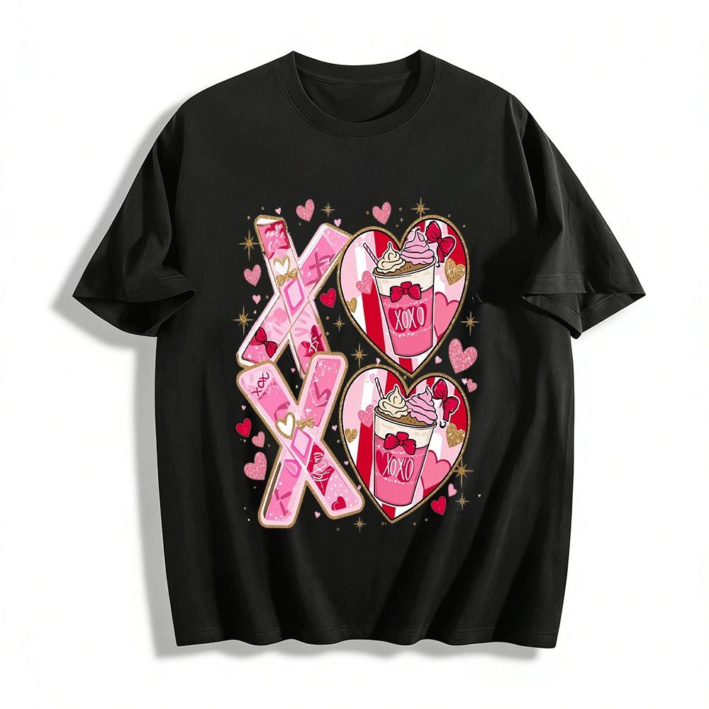 Valentine s Day XOXO Heart Coffee Print Casual Top Pure cotton T-shirt XXS